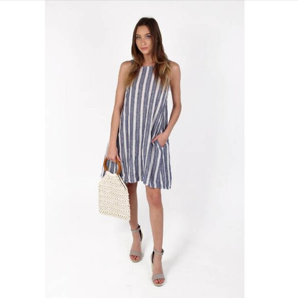 CP Shades - Jacqui Linen Trapeze Dress, Blue Stripe, Signature Dress - Med - Picture 13 of 13